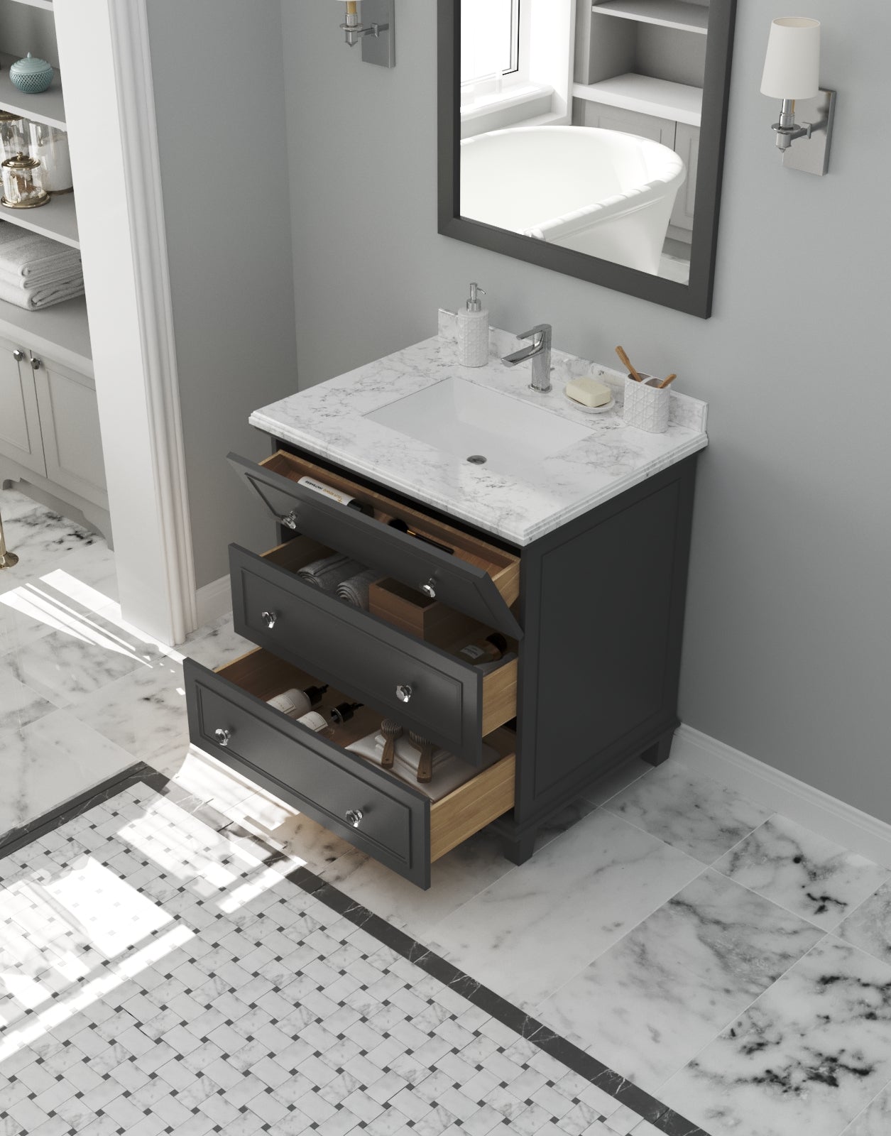 Laviva - Luna 30" Maple Grey Bathroom Vanity with White Carrara Marble Countertop