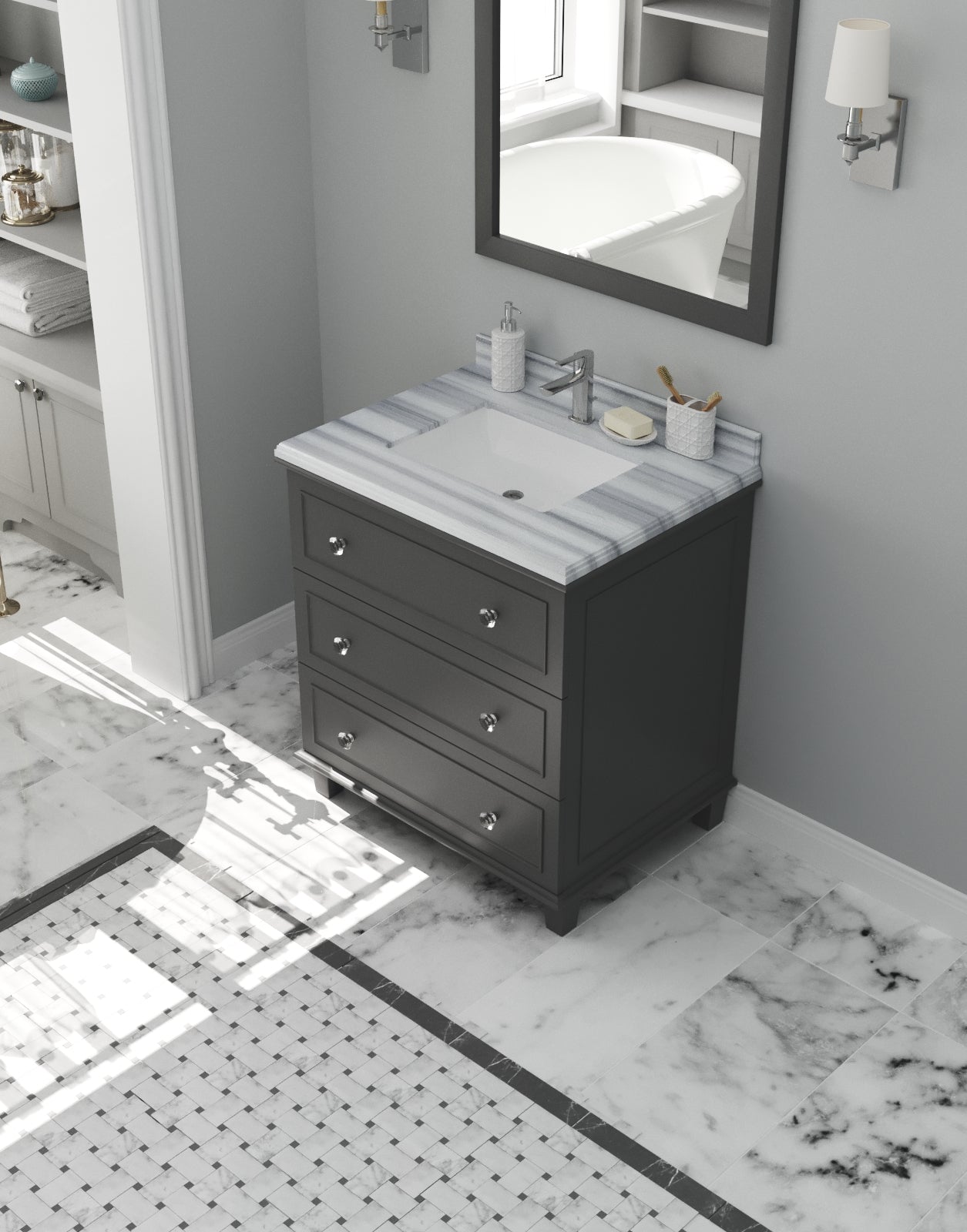 Laviva - Luna 30" Maple Grey Bathroom Vanity with White Stripes Marble Countertop