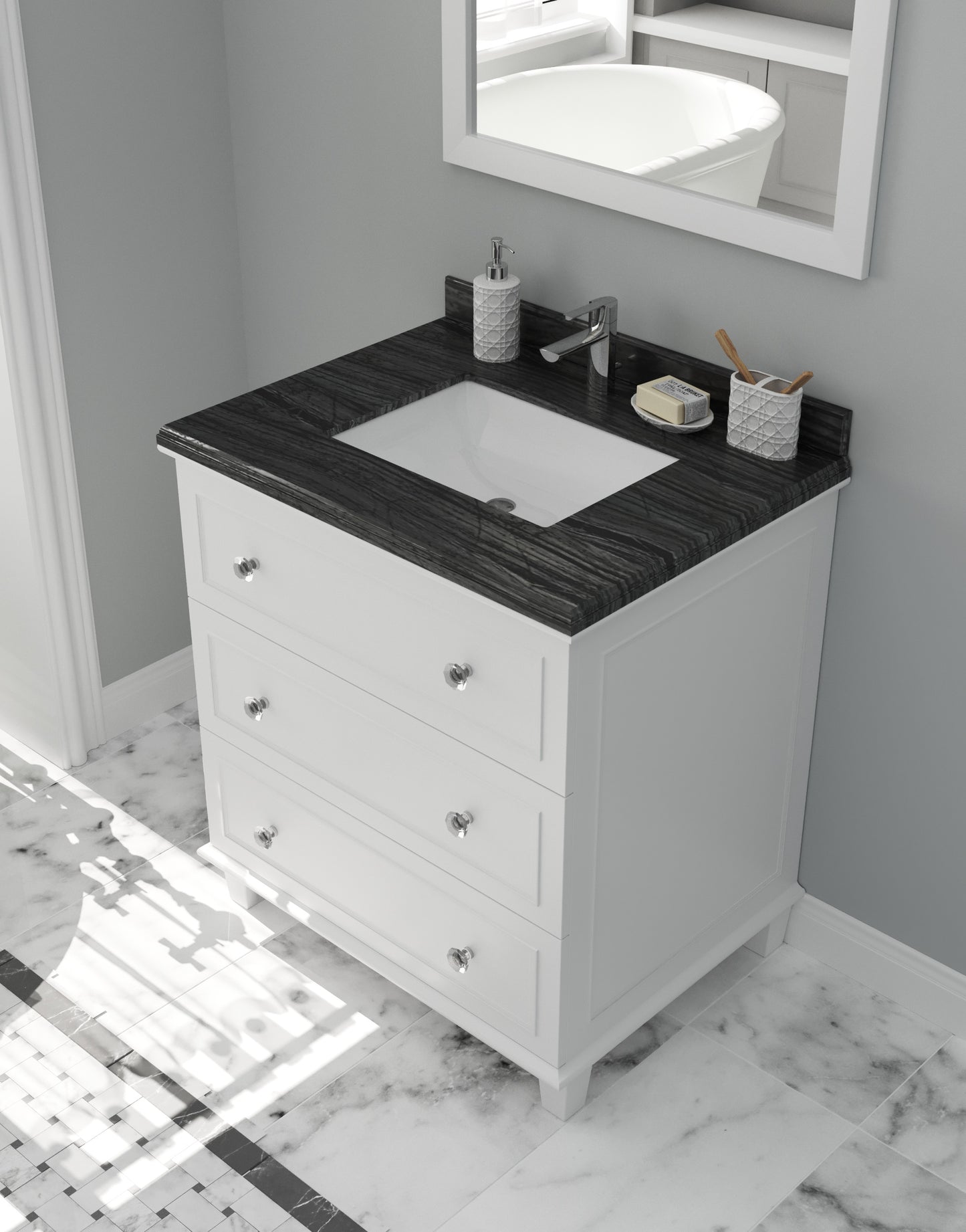 Laviva - Luna 30" White Bathroom Vanity with Black Wood Marble Countertop