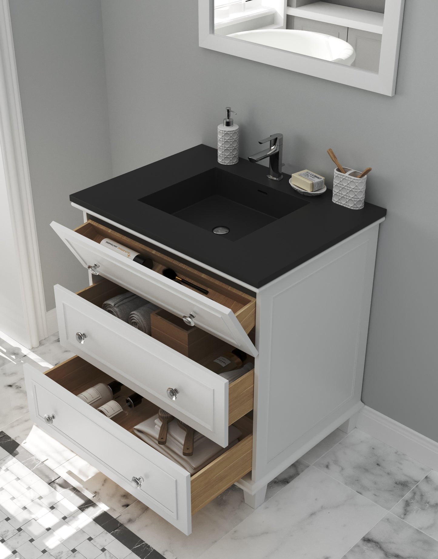 Laviva - Luna 30" White Bathroom Vanity with Matte Black VIVA Stone Solid Surface Countertop