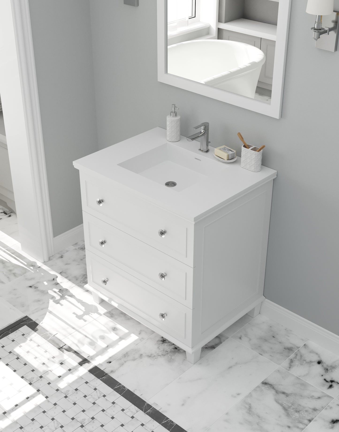 Laviva - Luna 30" White Bathroom Vanity with Matte White VIVA Stone Solid Surface Countertop