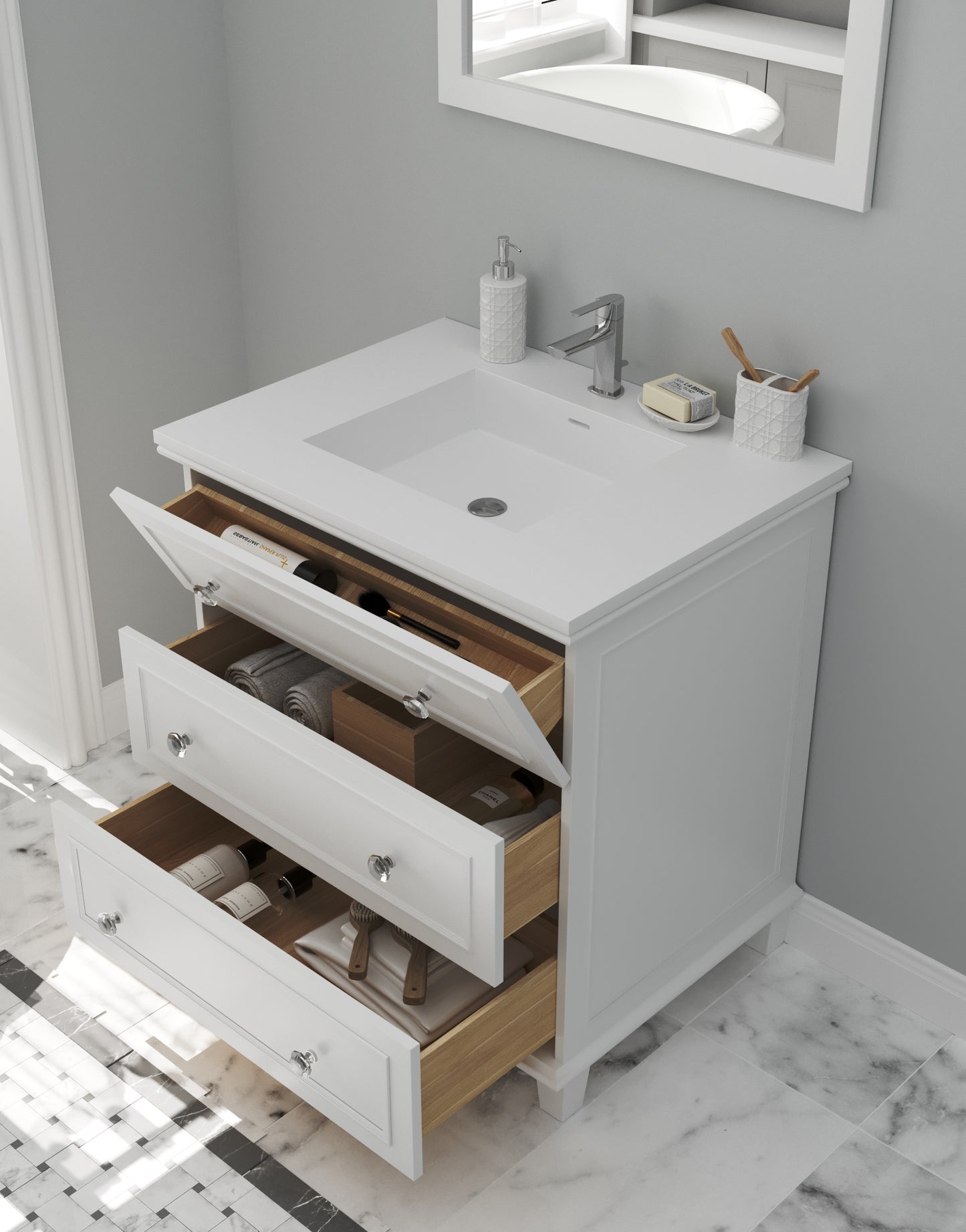 Laviva - Luna 30" White Bathroom Vanity with Matte White VIVA Stone Solid Surface Countertop