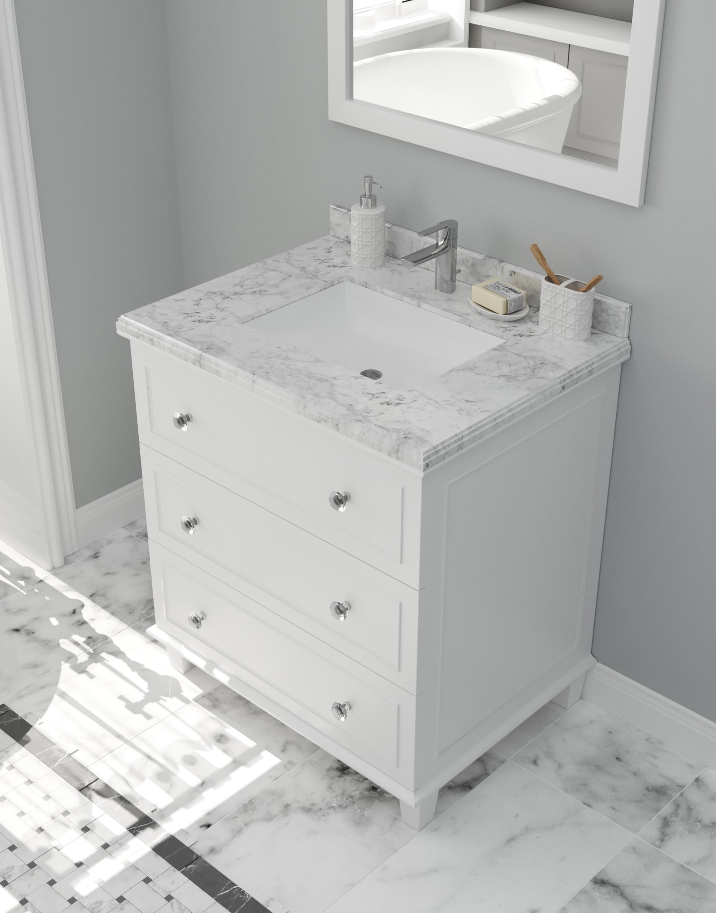 Laviva - Luna 30" White Bathroom Vanity with White Carrara Marble Countertop