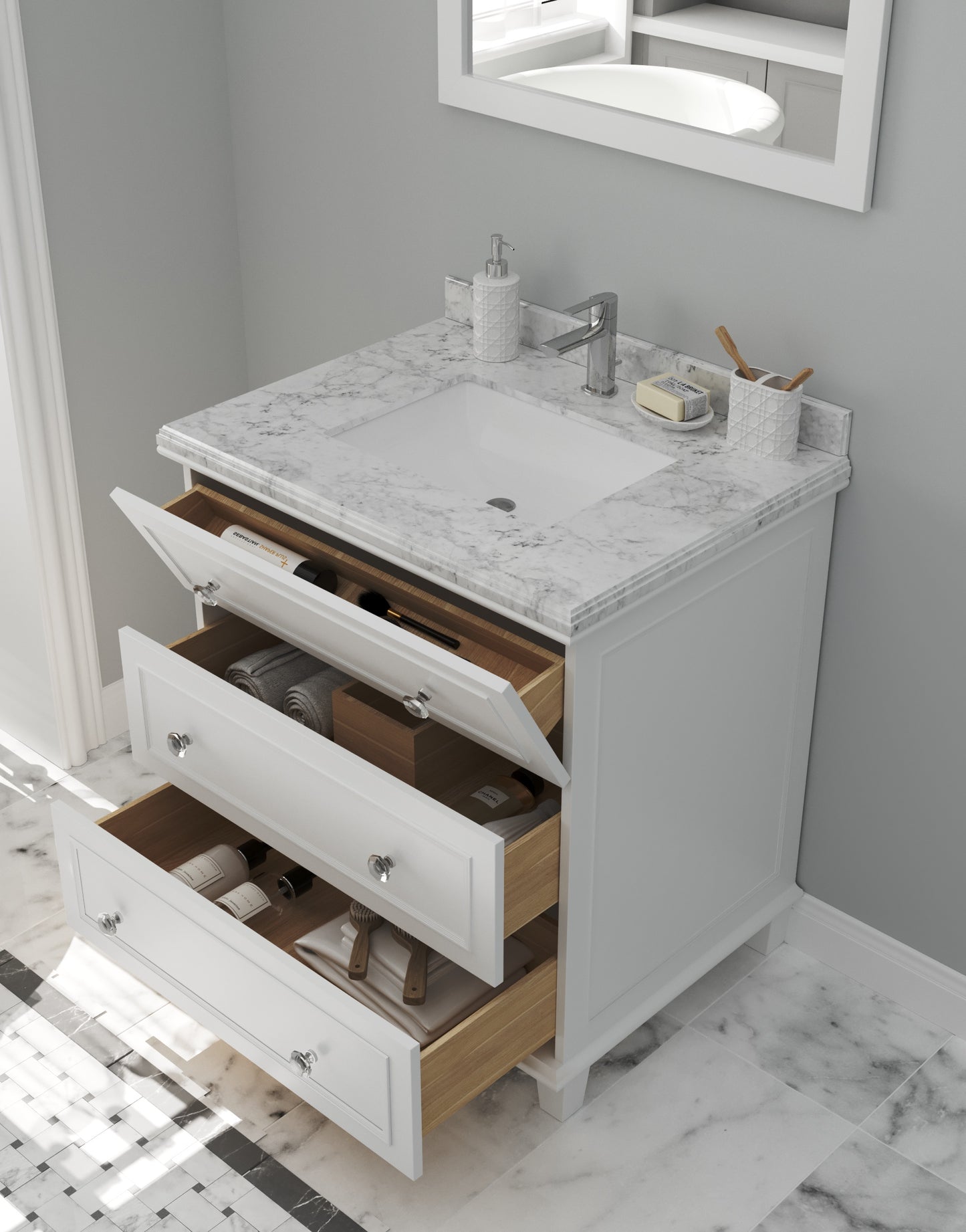 Laviva - Luna 30" White Bathroom Vanity with White Carrara Marble Countertop