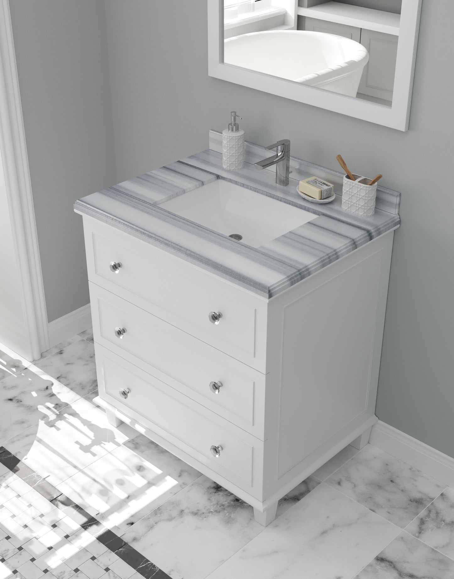 Laviva - Luna 30" White Bathroom Vanity with White Stripes Marble Countertop