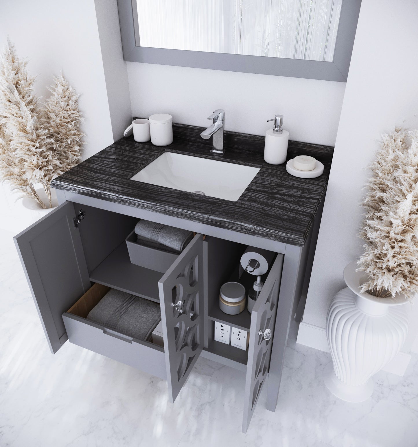 Laviva - Mediterraneo 36" Grey Bathroom Vanity with Black Wood Marble Countertop