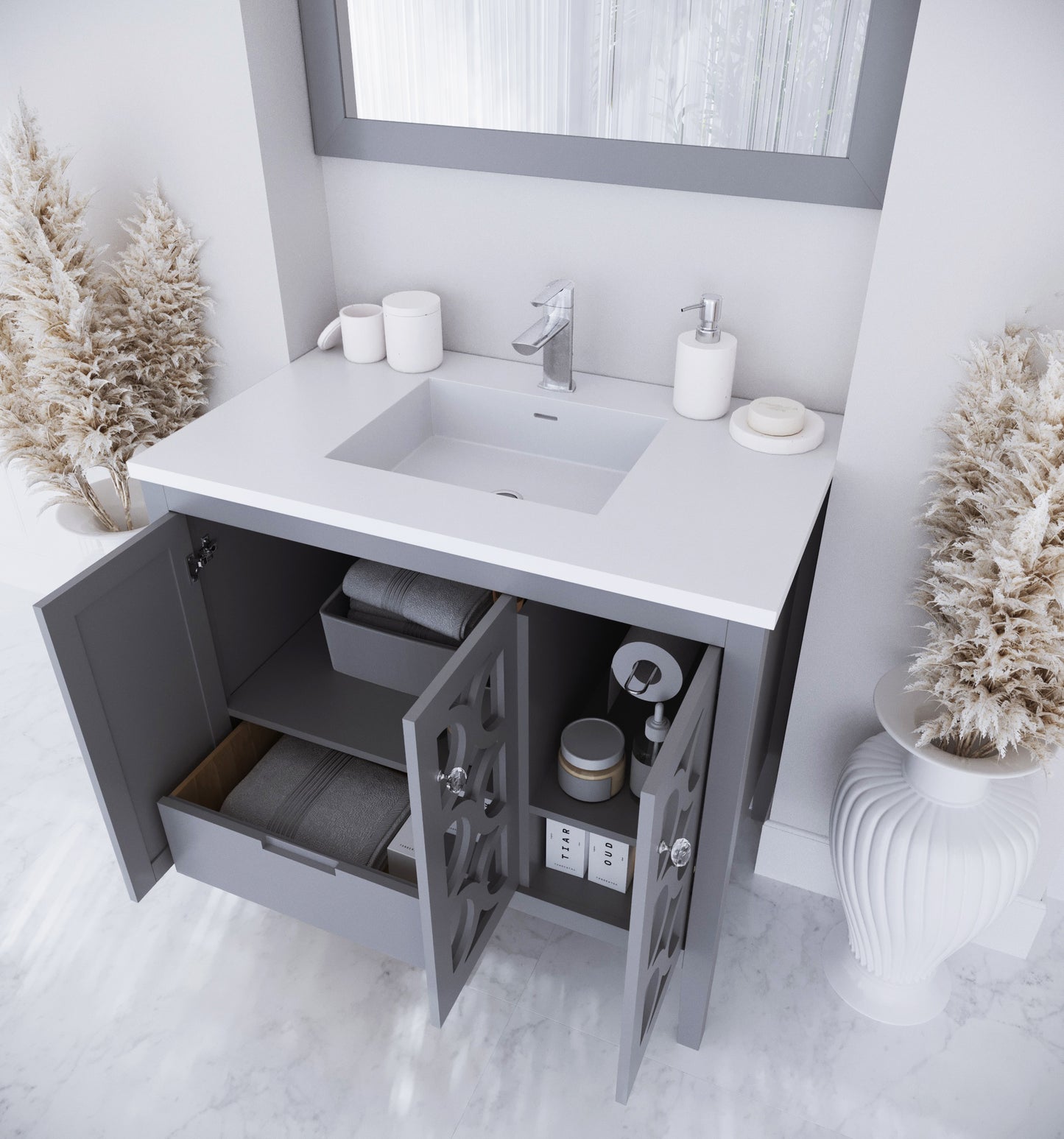 Laviva - Mediterraneo 36" Grey Bathroom Vanity with Matte White VIVA Stone Solid Surface Countertop