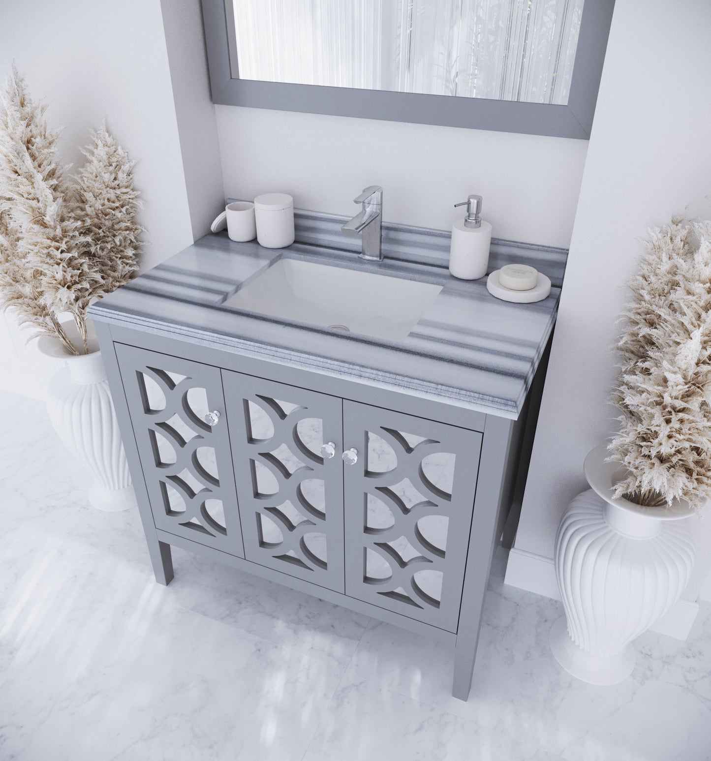 Laviva - Mediterraneo 36" Grey Bathroom Vanity with White Stripes Marble Countertop