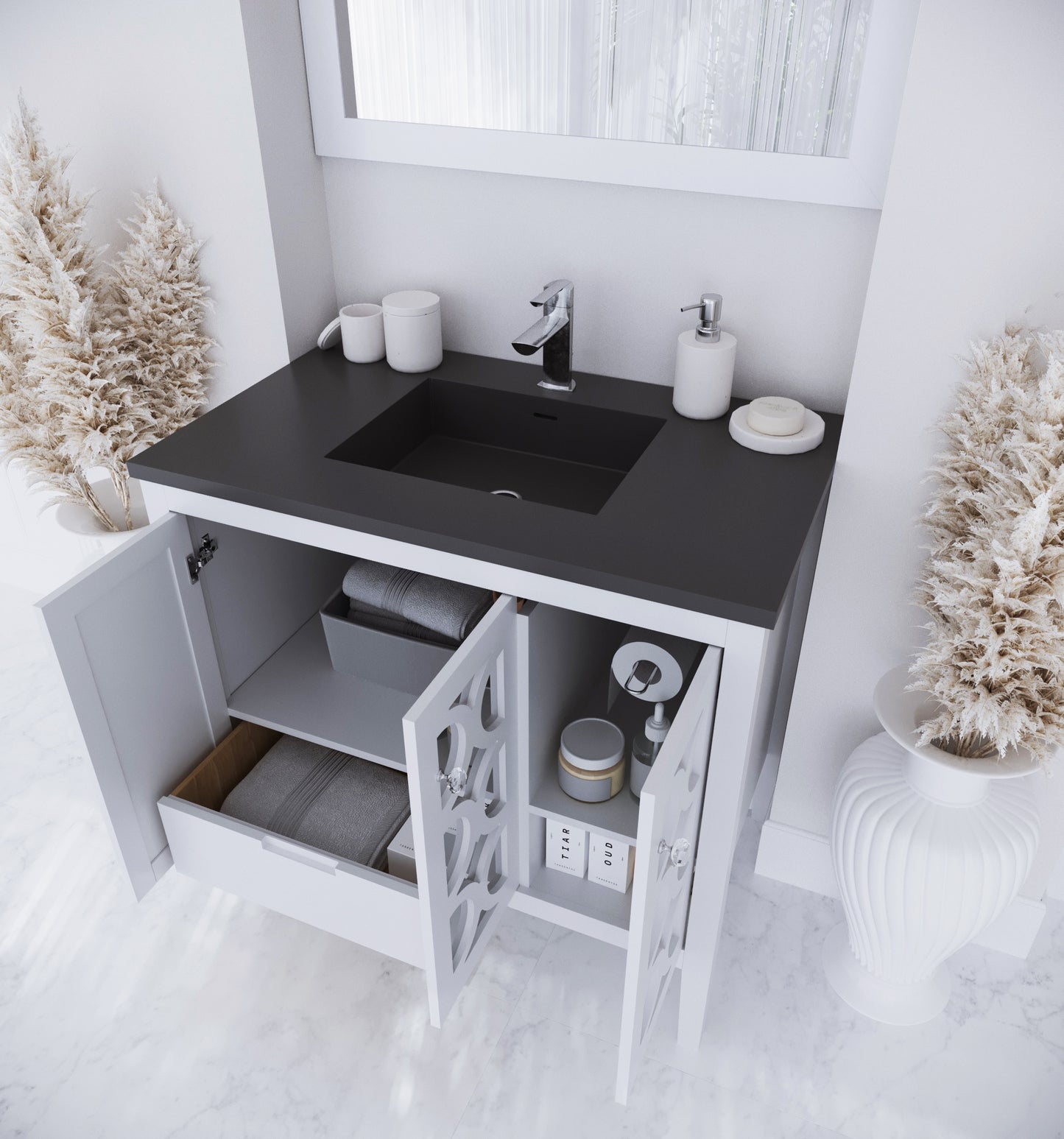 Laviva - Mediterraneo 36" White Bathroom Vanity with Matte Black VIVA Stone Solid Surface Countertop