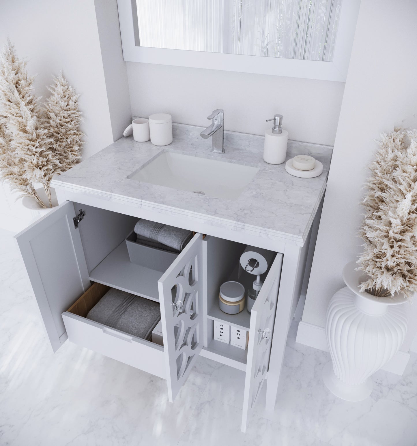 Laviva - Mediterraneo 36" White Bathroom Vanity with White Carrara Marble Countertop