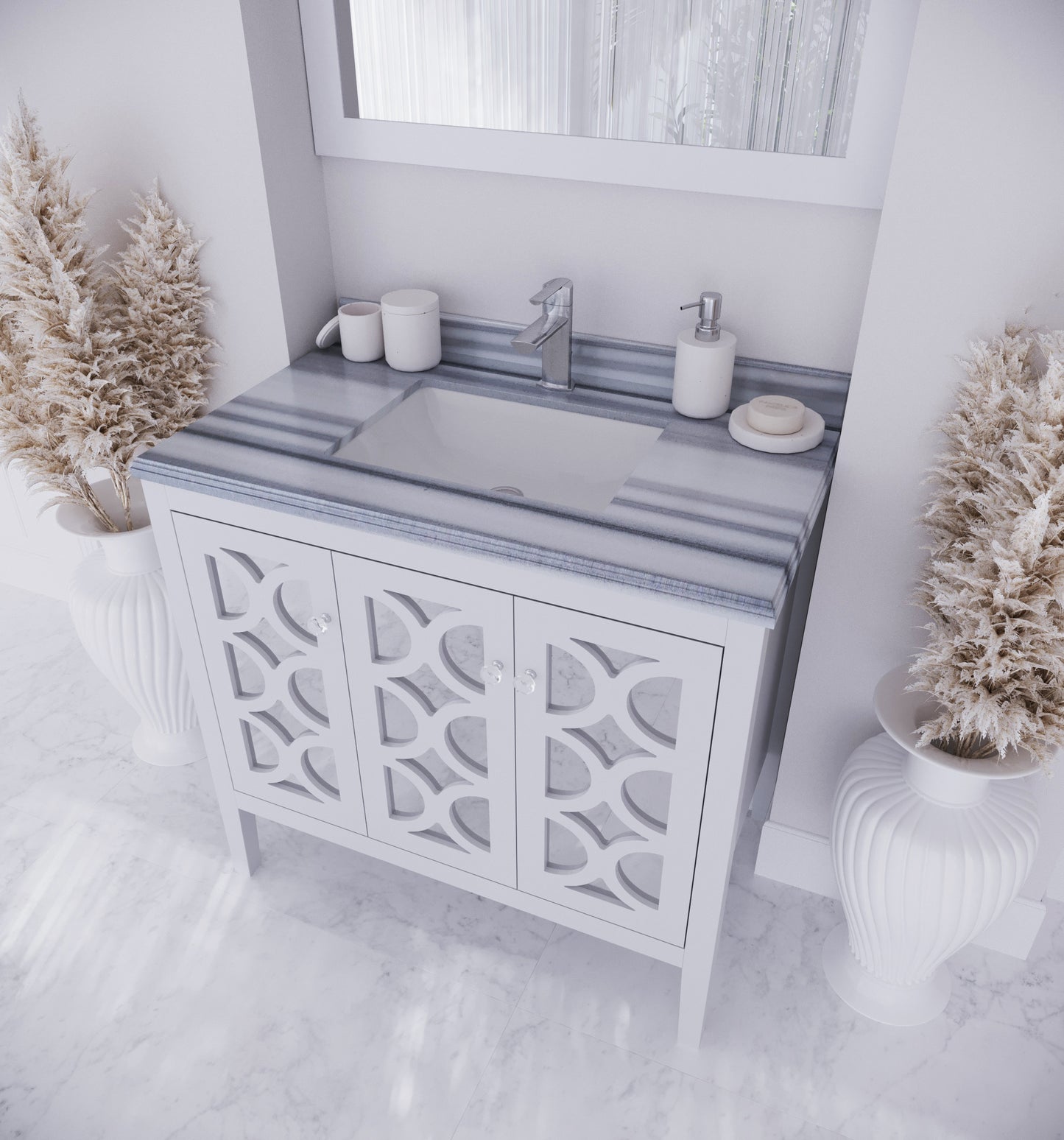 Laviva - Mediterraneo 36" White Bathroom Vanity with White Stripes Marble Countertop