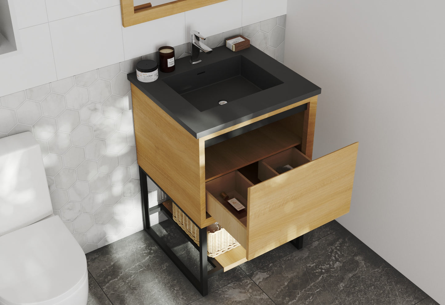 Laviva - Alto 24" California White Oak Bathroom Vanity with Matte Black VIVA Stone Solid Surface Countertop