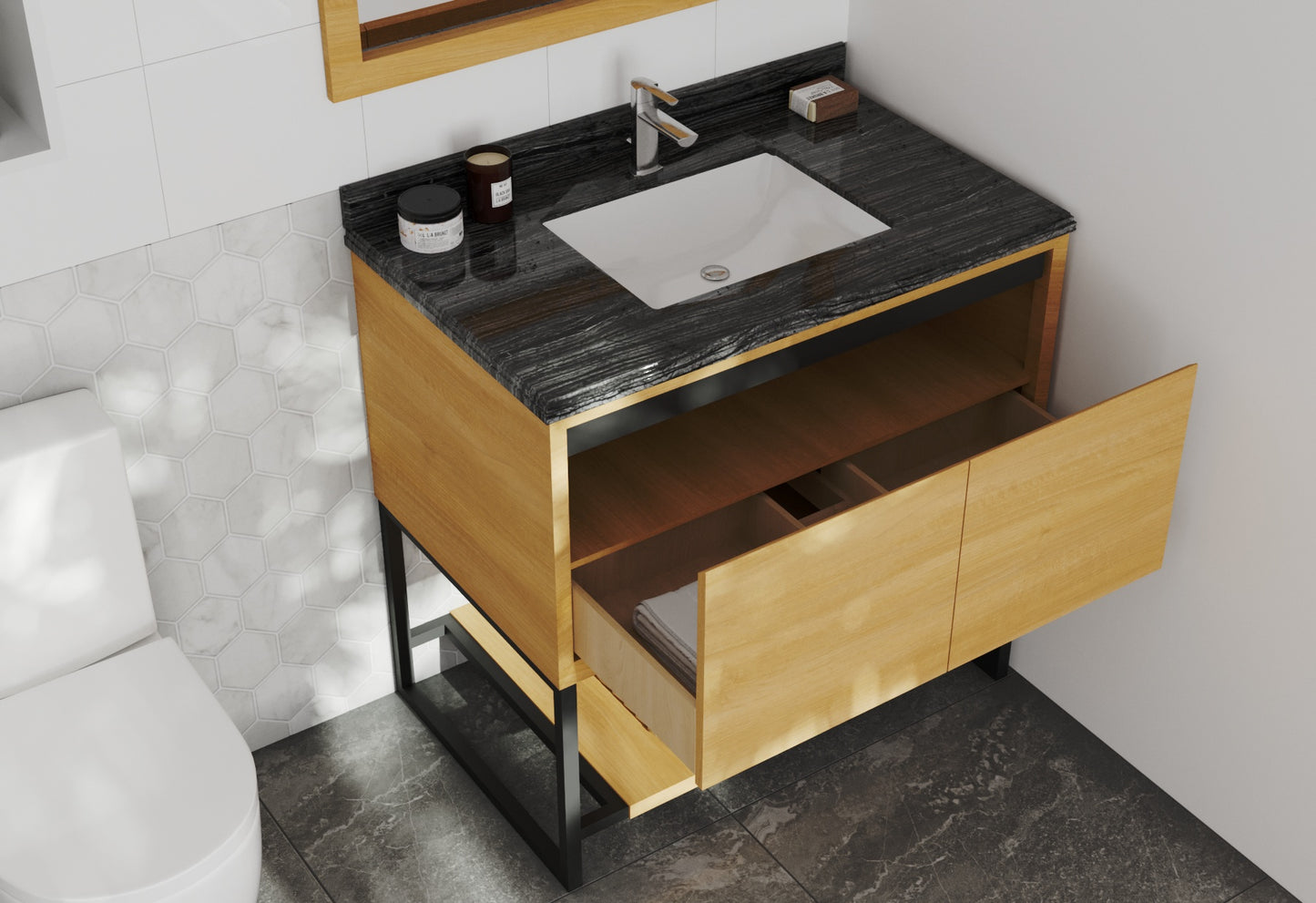 Laviva - Alto 36" California White Oak Bathroom Vanity with Black Wood Marble Countertop