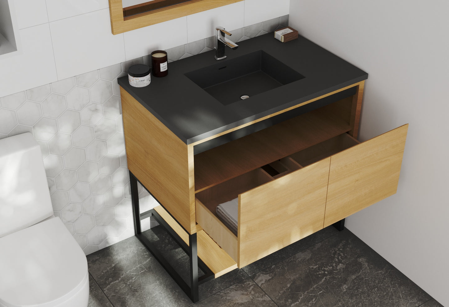 Laviva - Alto 36" California White Oak Bathroom Vanity with Matte Black VIVA Stone Solid Surface Countertop