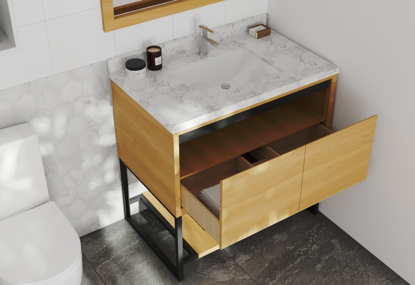 Laviva - Alto 36" California White Oak Bathroom Vanity with White Carrara Marble Countertop