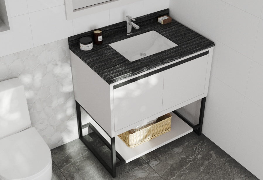 Laviva - Alto 36" White Bathroom Vanity with Black Wood Marble Countertop