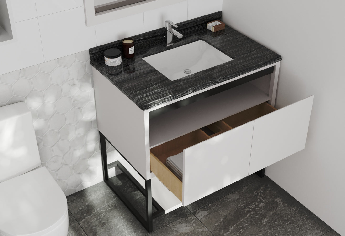 Laviva - Alto 36" White Bathroom Vanity with Black Wood Marble Countertop