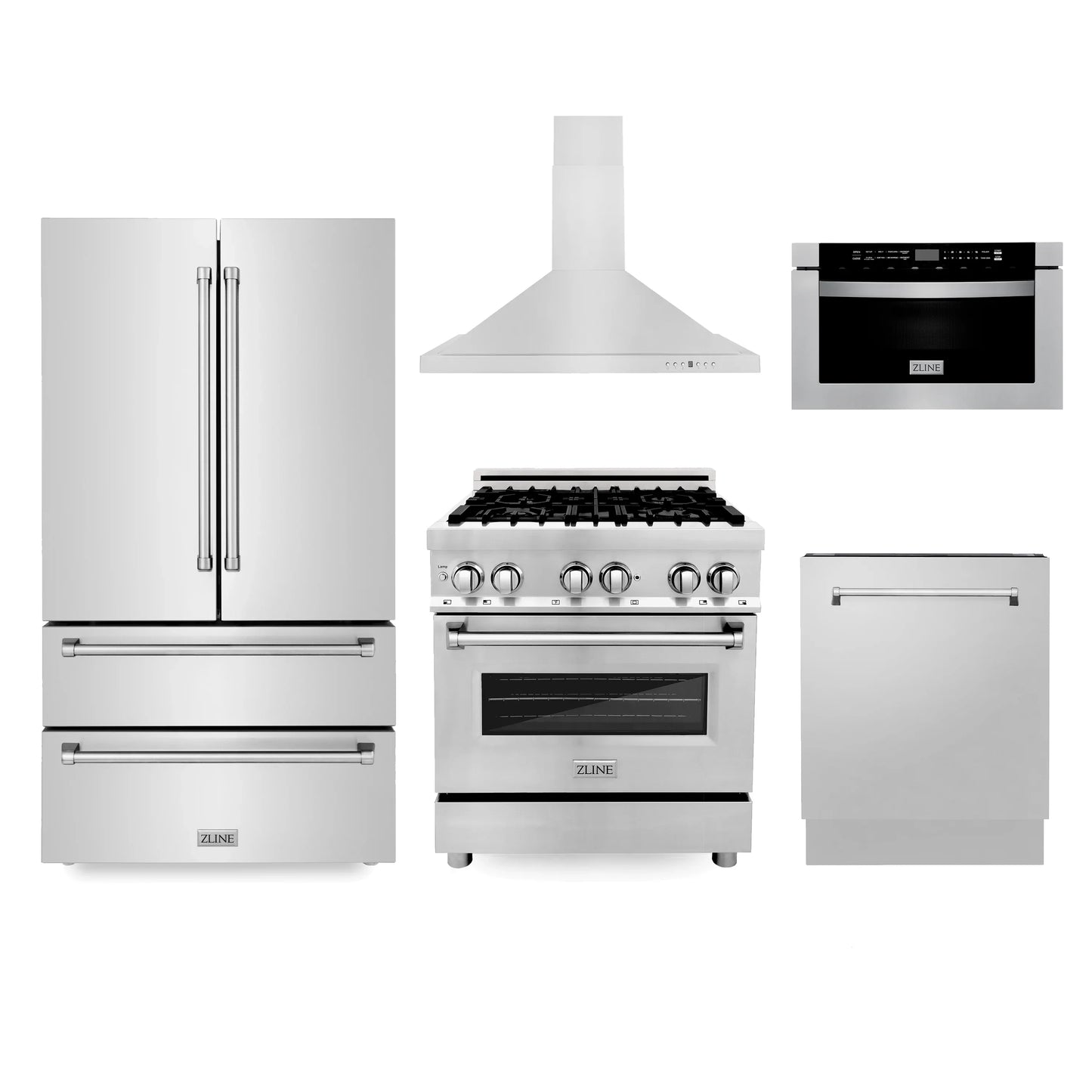 ZLINE 5 Piece Kitchen Package | Dual Fuel Range | Range Hood | Microwave Drawer | Refrigerator | Dishwasher