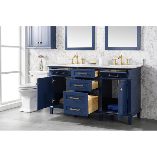 60" Blue Finish Double Vanity Cabinet with Carrara White Top II by Legion Furniture