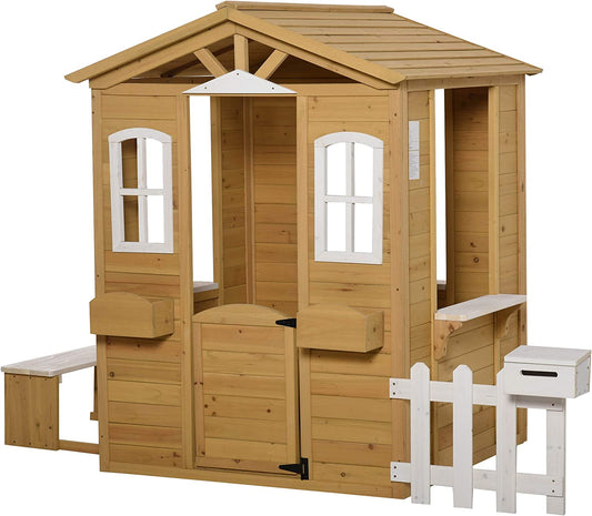 Outdoor Playhouse for Kids Wooden Cottage with Working Doors Windows & Mailbox, Pretend Play House for Age 3-6 Years