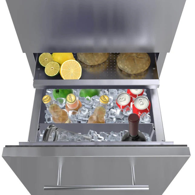 SUNSTONE 18" Combo Paper Towel Holder/Cutlery Drawer with Cutting Board & Insulated Ice Chest Dry Storage Drawer with Drain