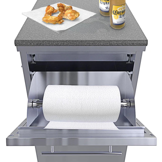 SUNSTONE 18" Combo Paper Towel Holder/Cutlery Drawer with Cutting Board & Insulated Ice Chest Dry Storage Drawer with Drain