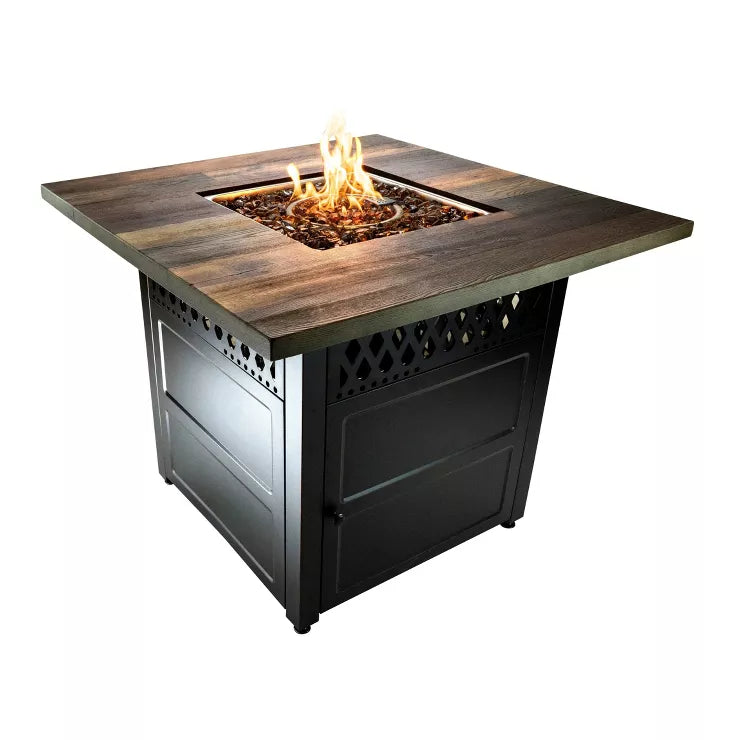 MR. BAR-B-Q The Harris. Dual Heat LP Gas Outdoor Fire Pit/Patio Heater with Wood Look Resin Mantel