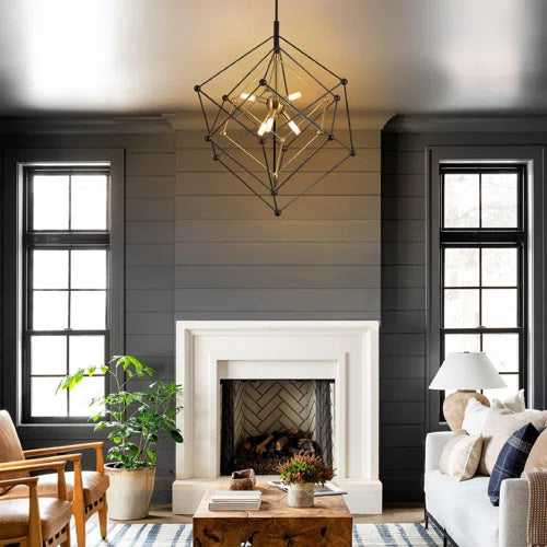 Geometric Chandelier 6-Light Pendant Lights Fixture, Cube Lantern Hanging Ceiling Light, Modern Minimalist Black And Gold Metal Finish For Fore Living Dining Room Entryway Kitchen Island