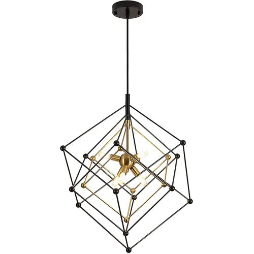 Geometric Chandelier 6-Light Pendant Lights Fixture, Cube Lantern Hanging Ceiling Light, Modern Minimalist Black And Gold Metal Finish For Fore Living Dining Room Entryway Kitchen Island