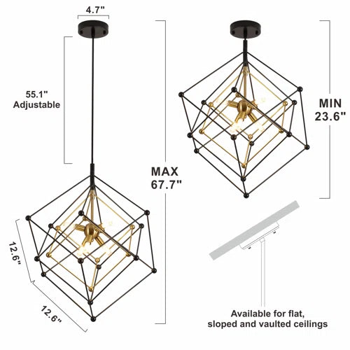 Geometric Chandelier 6-Light Pendant Lights Fixture, Cube Lantern Hanging Ceiling Light, Modern Minimalist Black And Gold Metal Finish For Fore Living Dining Room Entryway Kitchen Island