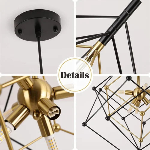 Geometric Chandelier 6-Light Pendant Lights Fixture, Cube Lantern Hanging Ceiling Light, Modern Minimalist Black And Gold Metal Finish For Fore Living Dining Room Entryway Kitchen Island