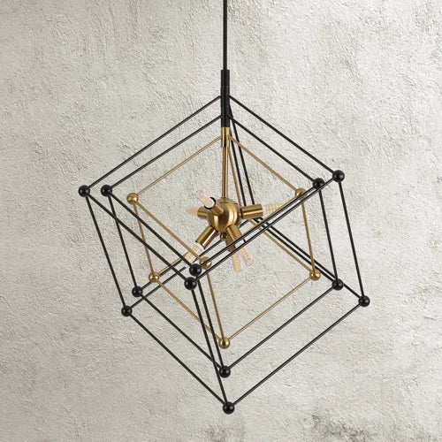 Geometric Chandelier 6-Light Pendant Lights Fixture, Cube Lantern Hanging Ceiling Light, Modern Minimalist Black And Gold Metal Finish For Fore Living Dining Room Entryway Kitchen Island