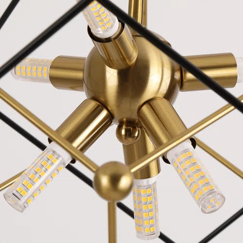 Geometric Chandelier 6-Light Pendant Lights Fixture, Cube Lantern Hanging Ceiling Light, Modern Minimalist Black And Gold Metal Finish For Fore Living Dining Room Entryway Kitchen Island