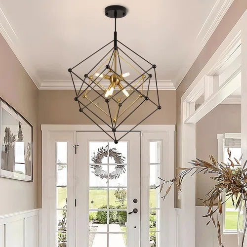 Geometric Chandelier 6-Light Pendant Lights Fixture, Cube Lantern Hanging Ceiling Light, Modern Minimalist Black And Gold Metal Finish For Fore Living Dining Room Entryway Kitchen Island